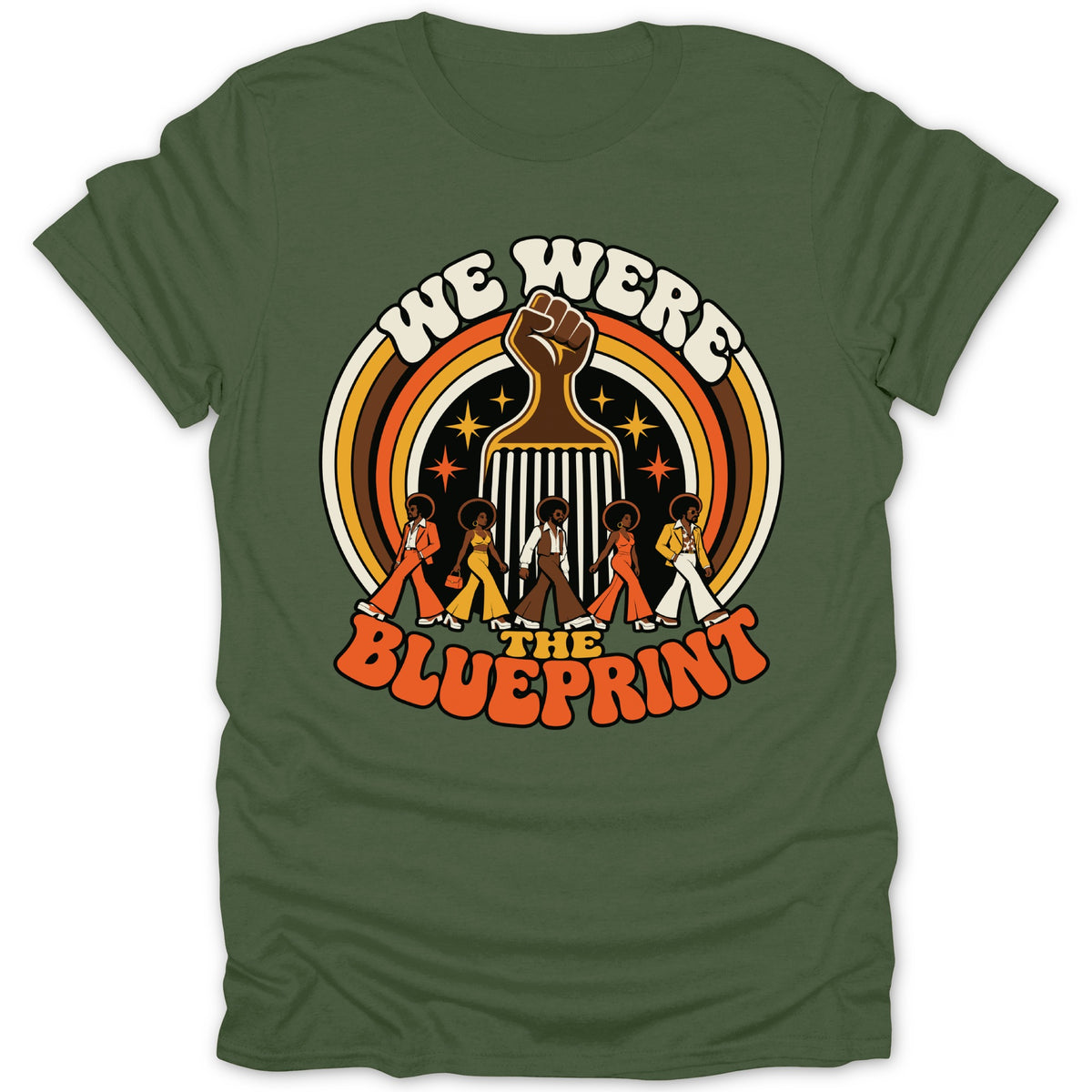 Green t-shirt with "We Were The Blueprint" and vintage-style figures walking.
