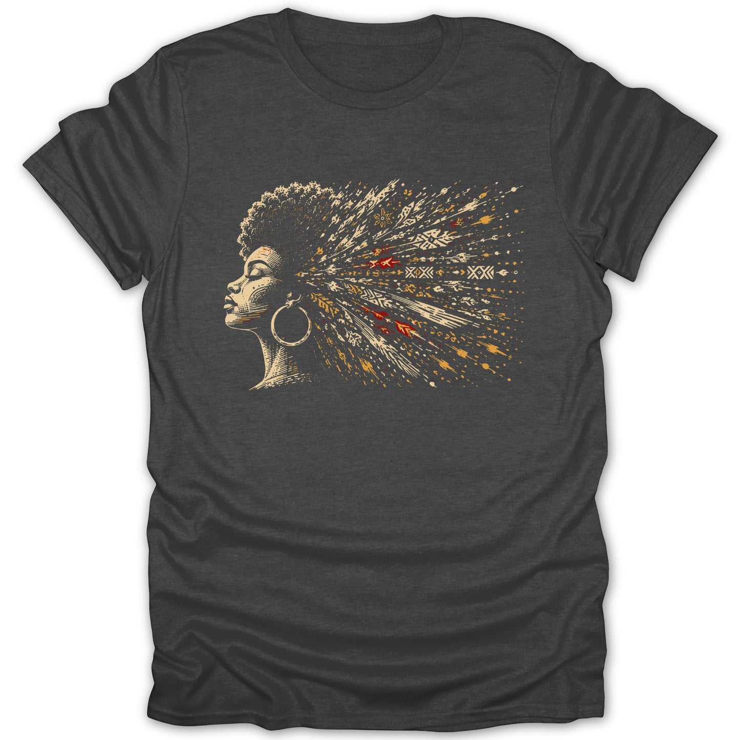T-shirt with profile of a woman with hair transforming into abstract, colorful patterns.