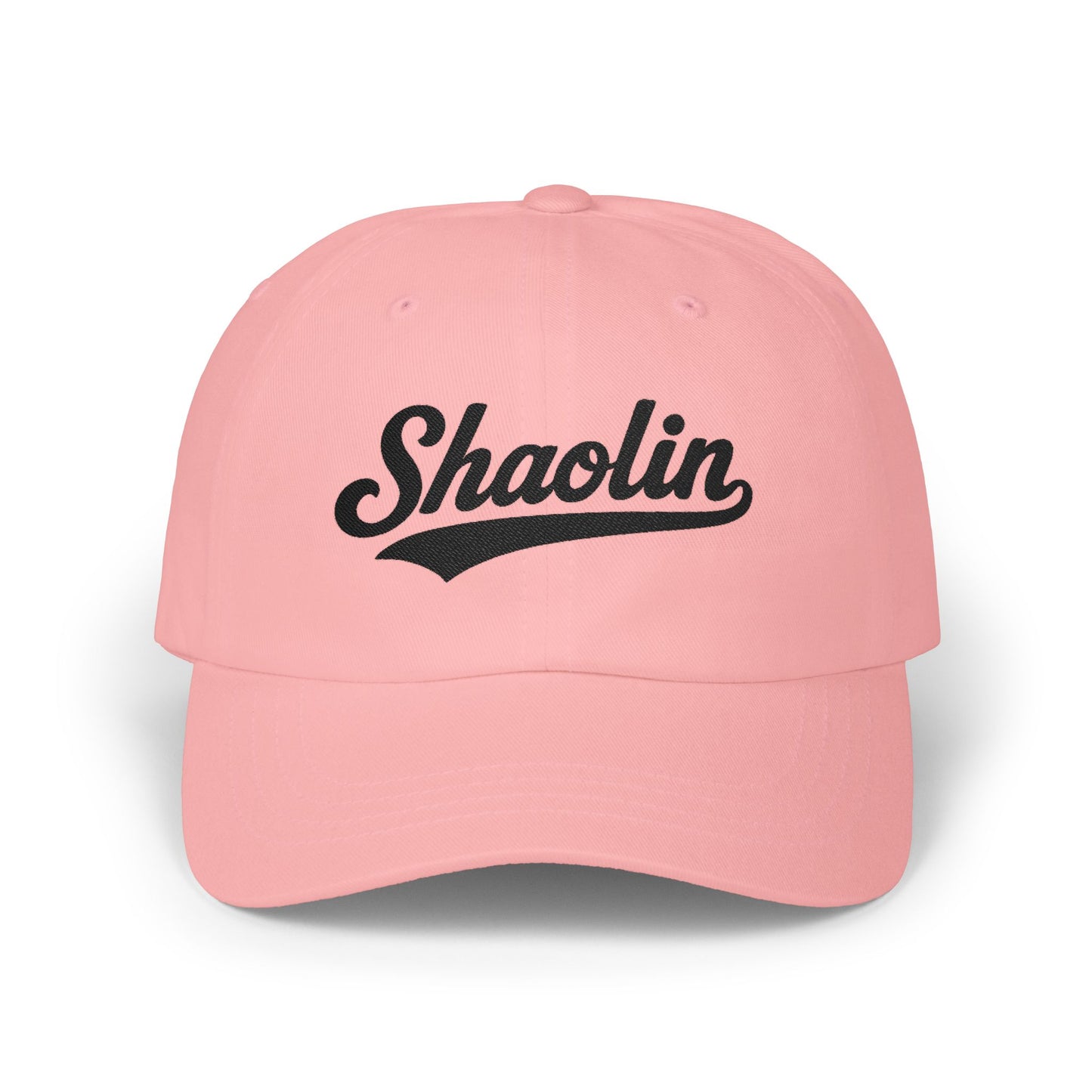 Pink baseball cap with "Shaolin" in black script text.