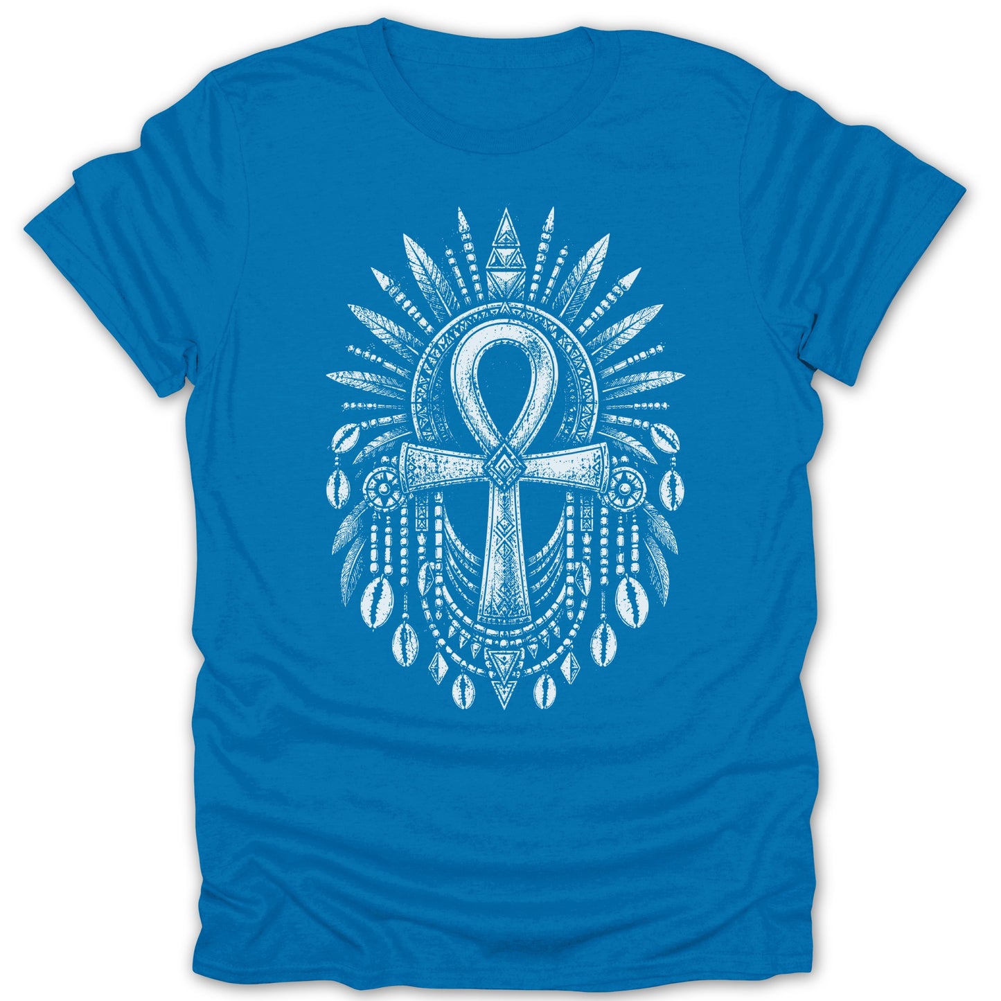 Blue t-shirt with a white ankh and decorative headdress design.