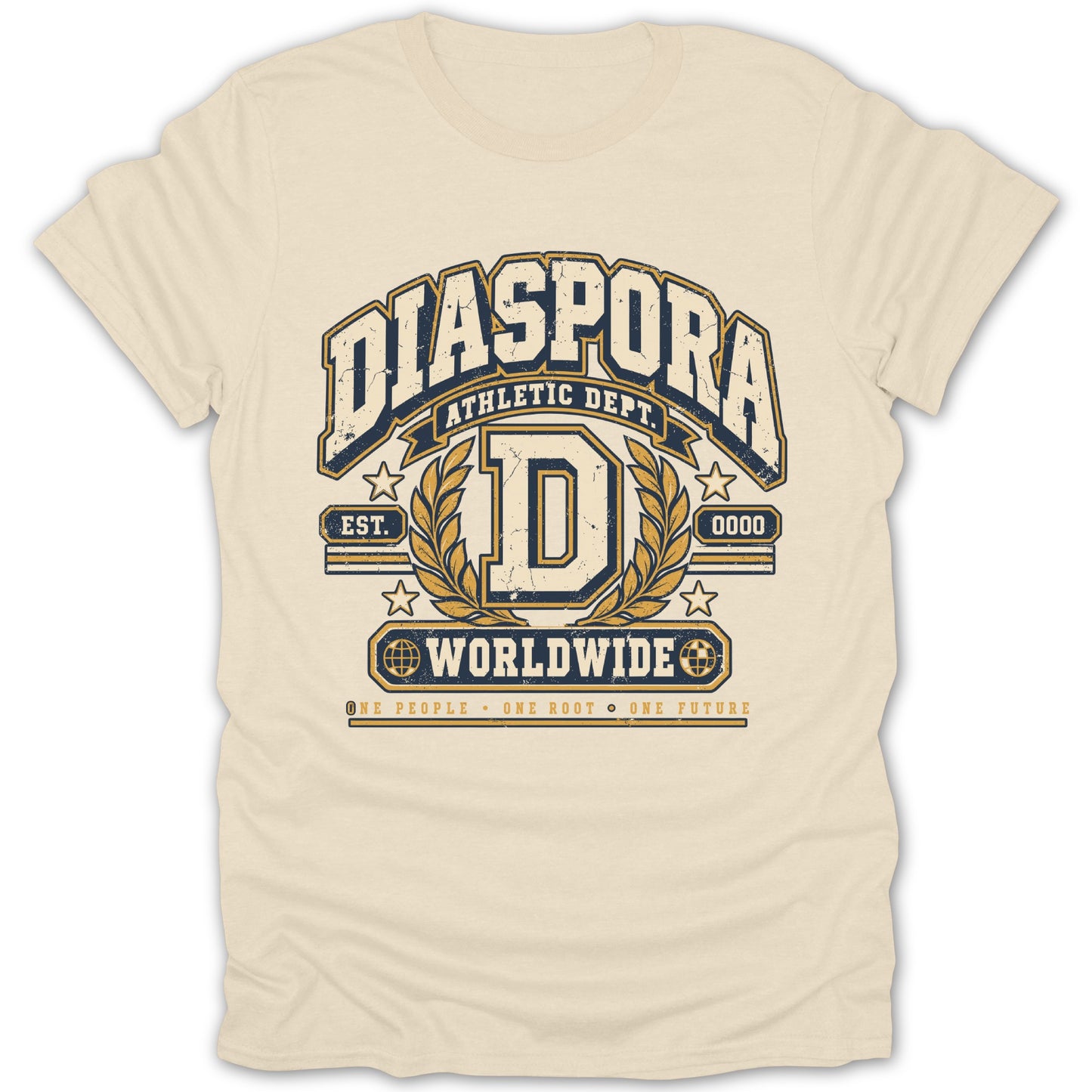 Cream t-shirt with "DIASPORA ATHLETIC DEPT." text and laurel wreath design.