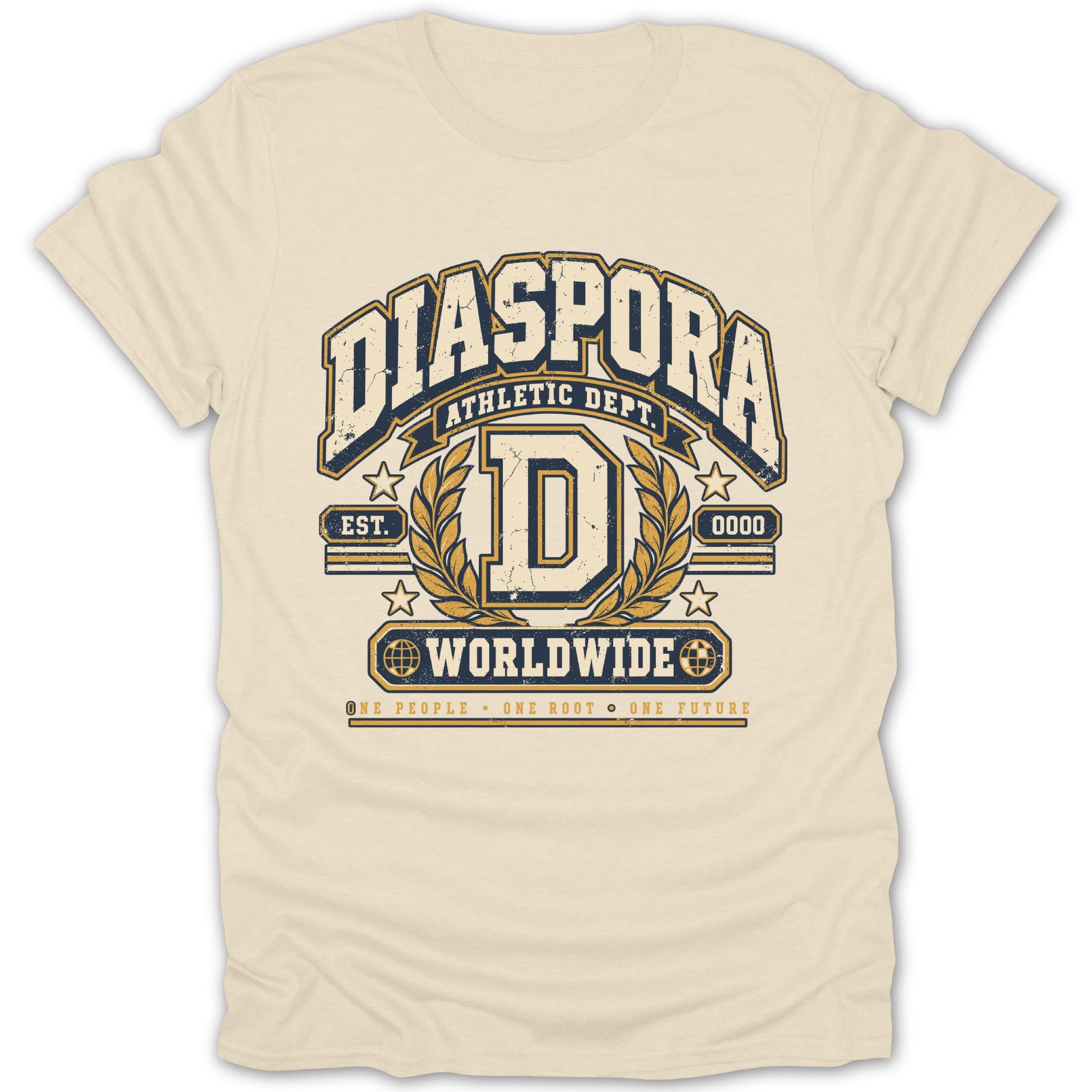 Cream t-shirt with "DIASPORA ATHLETIC DEPT." text and laurel wreath design.