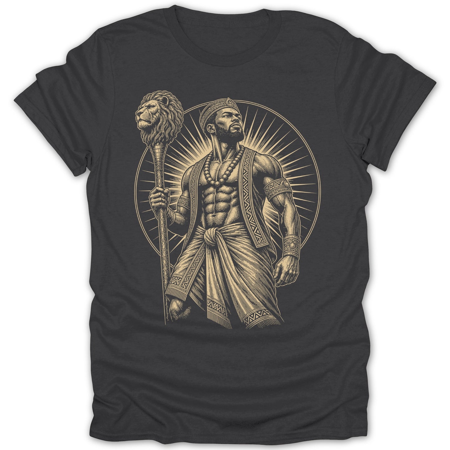 T-shirt with a gravure-style print of a crowned, muscular man holding a lion-headed scepter.