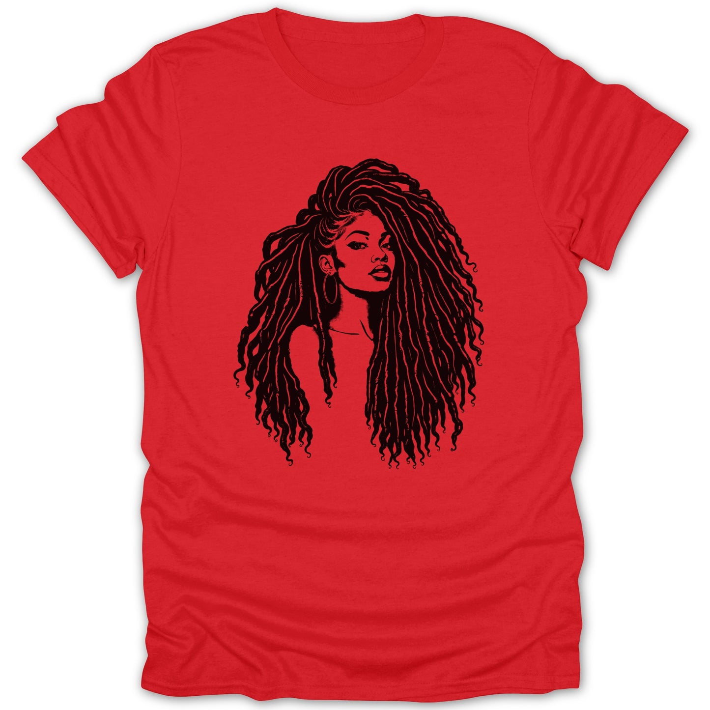 Red t-shirt with black line art of a woman with long dreadlocks.