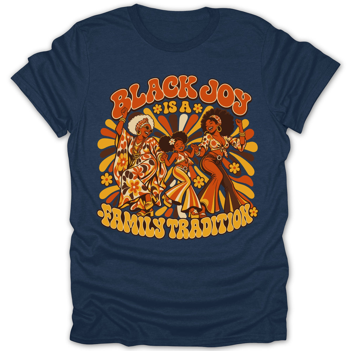 Retro graphic on navy t-shirt reads "BLACK JOY IS A FAMILY TRADITION" with dancing figures.