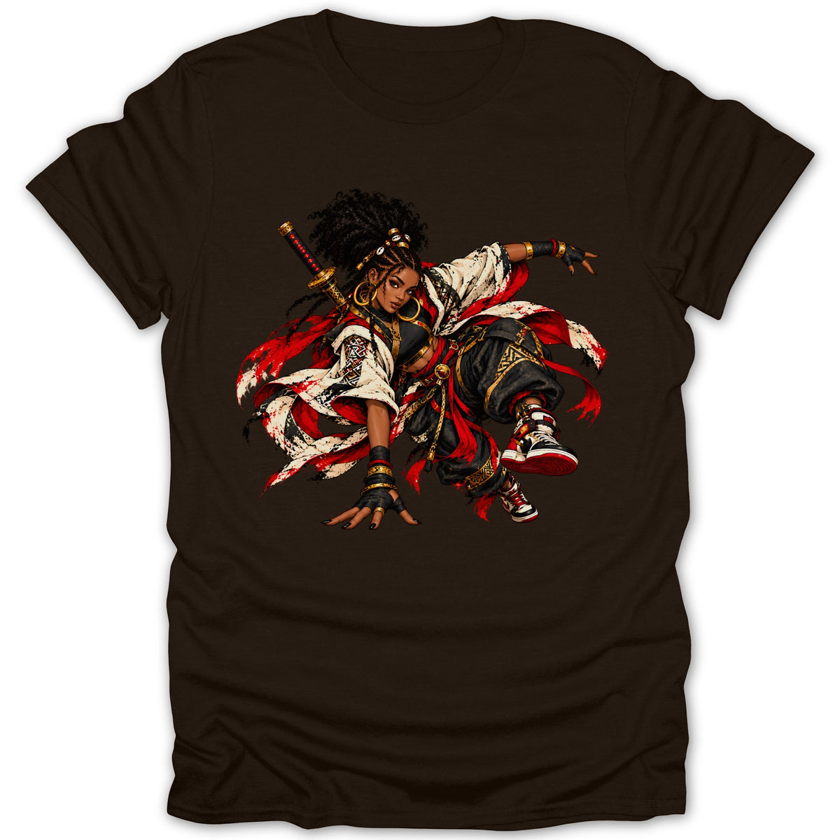 Illustration of a female samurai with a sword on a brown t-shirt.