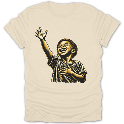 Illustration of a joyful child with arm raised and hand on chest.