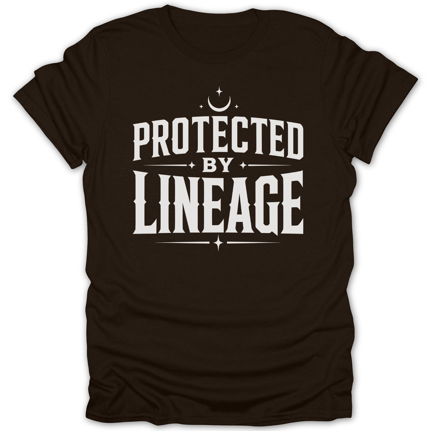 Brown t-shirt with white text: "protected by lineage" and celestial graphic.