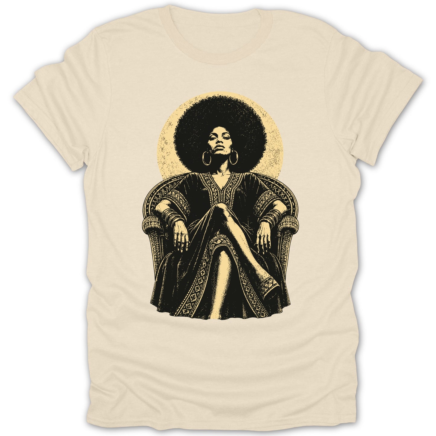 Illustration of a woman with an afro sitting in a ornate chair.
