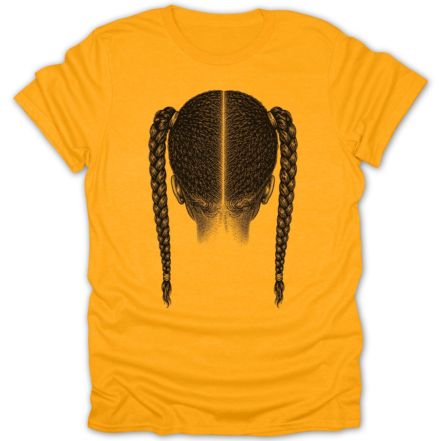 Yellow t-shirt with a black illustration of the back of a head and braided pigtails.