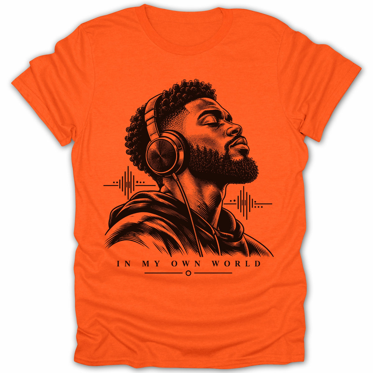 Black and white illustration of man with headphones on an orange t-shirt, text reads "IN MY OWN WORLD".
