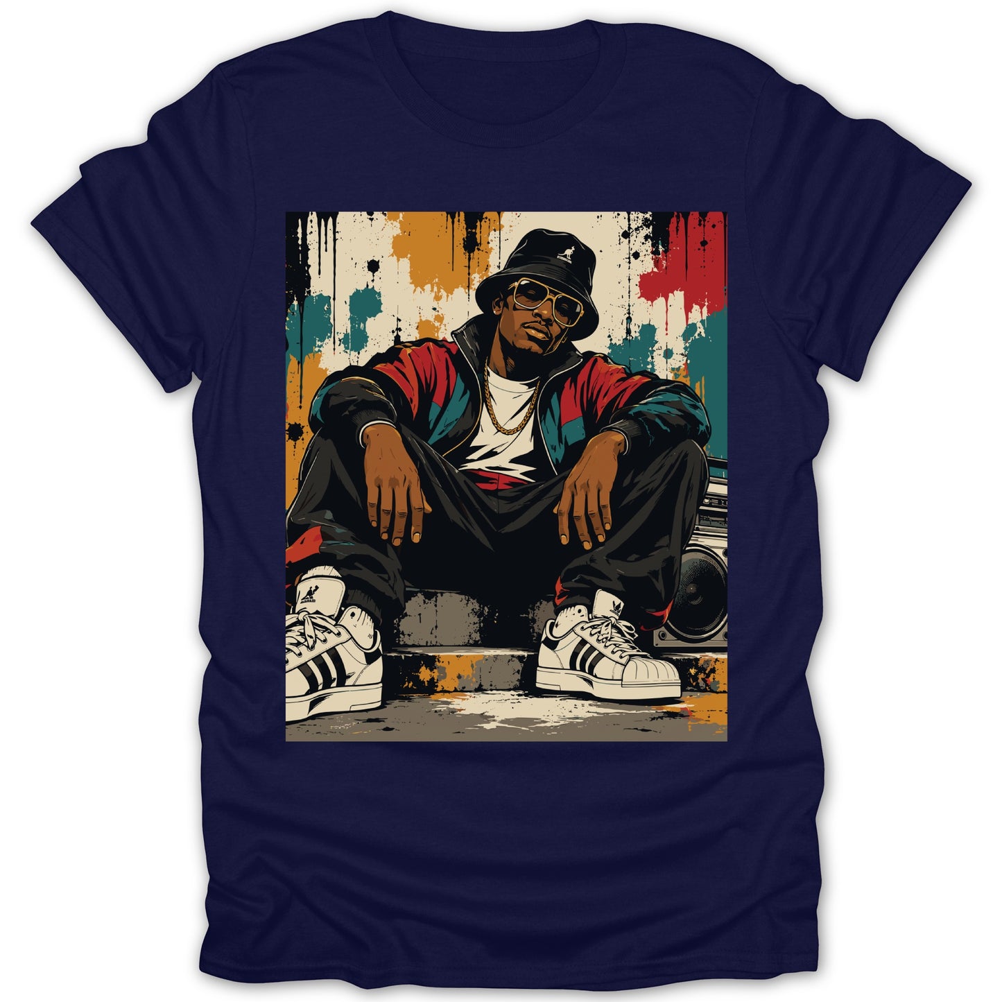 Illustration of a man in a bucket hat and athletic wear sitting next to a boombox.
