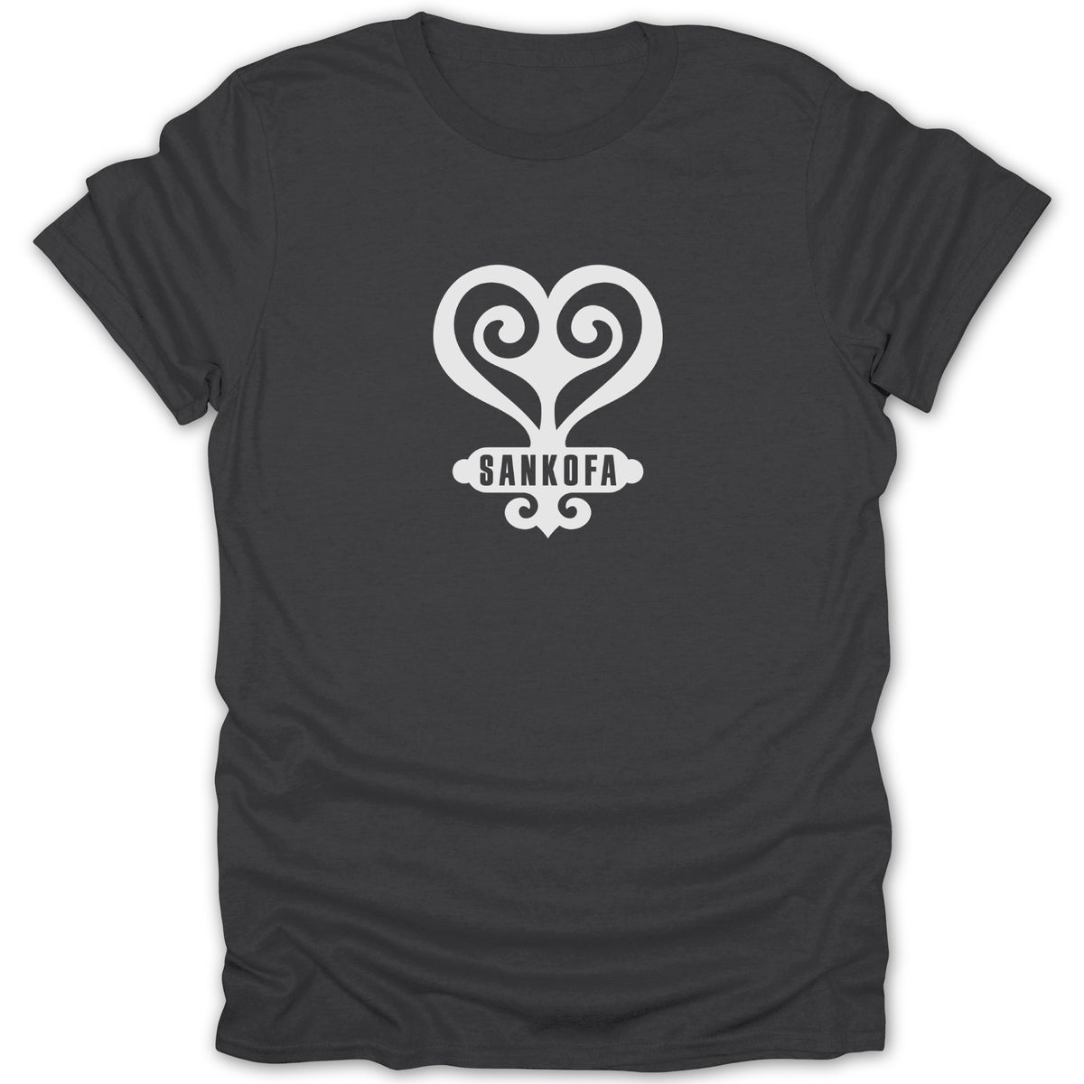 A dark gray crewneck t-shirt featuring a white Sankofa symbol centered on the chest.