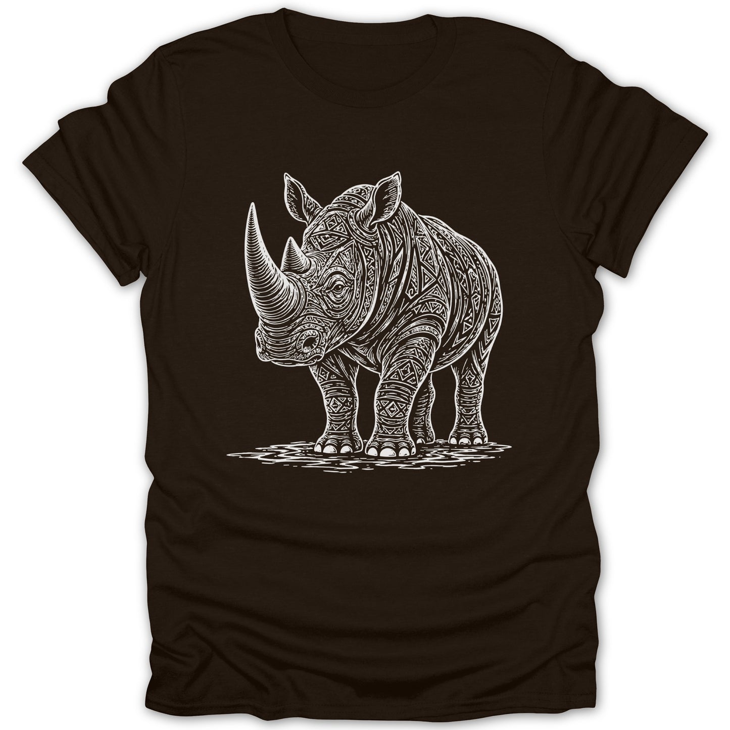 Brown t-shirt with white line art of a rhinoceros with tribal patterns.