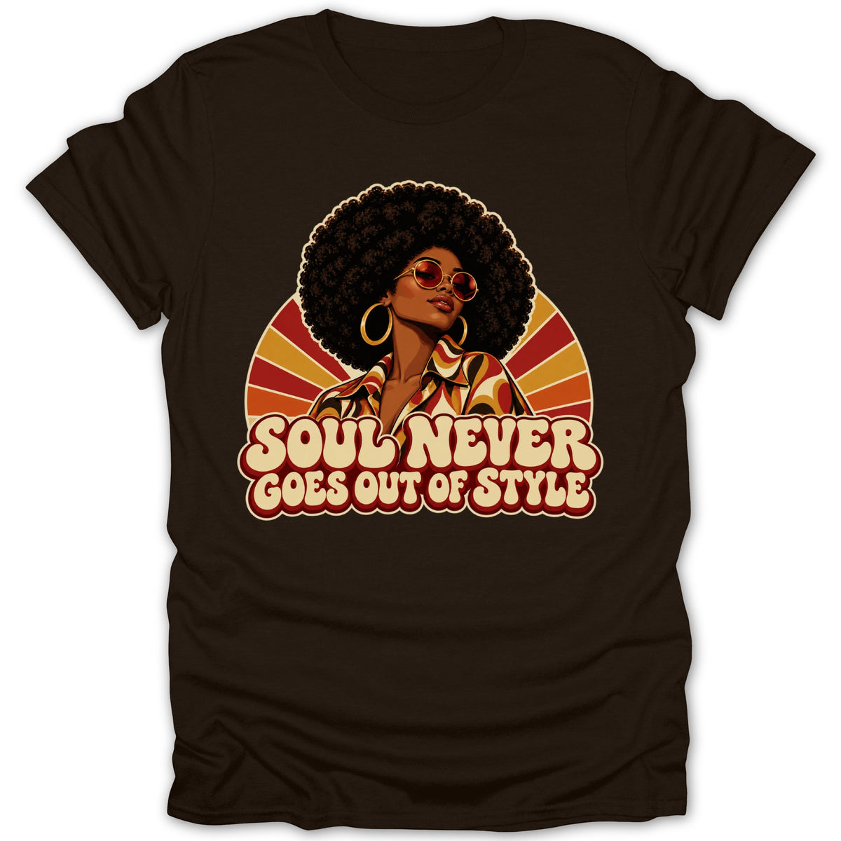 Brown t-shirt with retro graphic of a woman with afro and text "SOUL NEVER GOES OUT OF STYLE".
