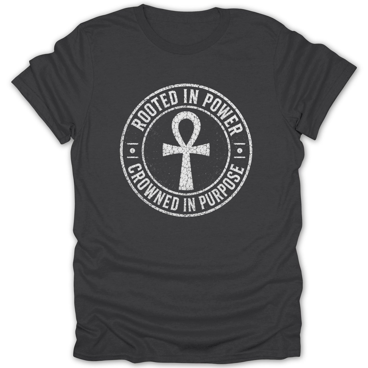 Dark grey t-shirt with white distressed circular logo featuring an Ankh symbol and text.