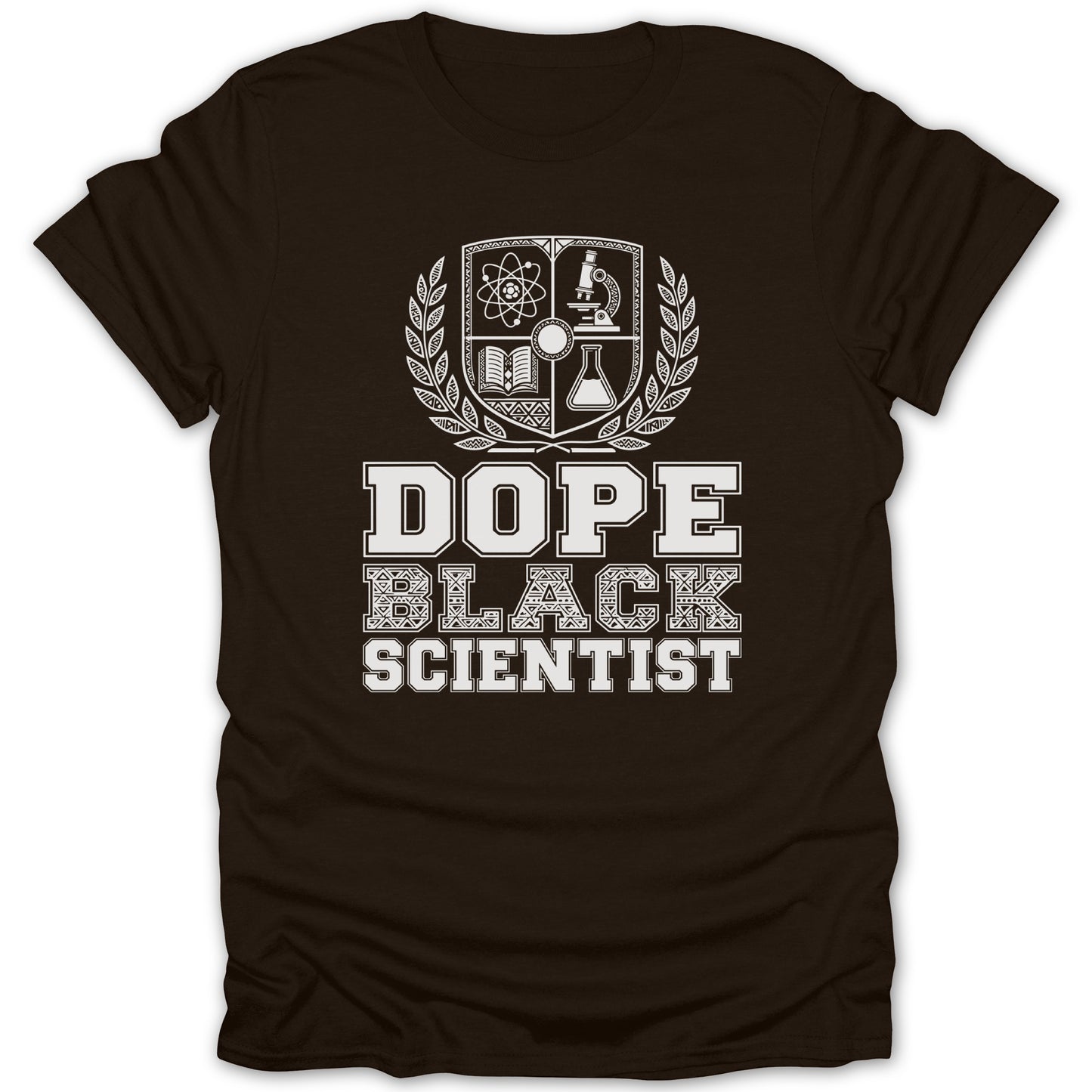 Brown t-shirt with "DOPE BLACK SCIENTIST" text and science symbols.