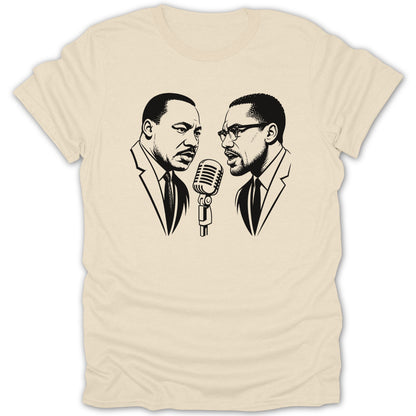 Martin Luther King Jr. and Malcolm X portrait with a vintage microphone on a t-shirt.