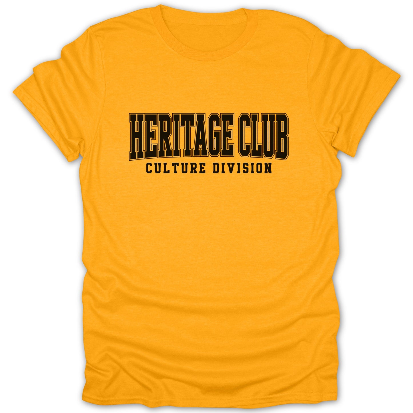Orange t-shirt with "HERITAGE CLUB CULTURE DIVISION" text in black block letters.