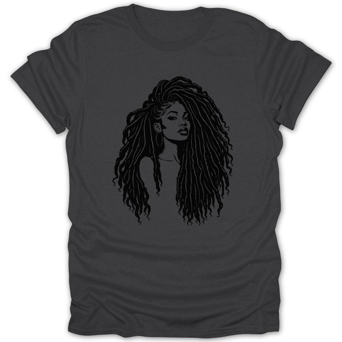 Black graphic print of a woman with long dreadlocks on a dark grey t-shirt.