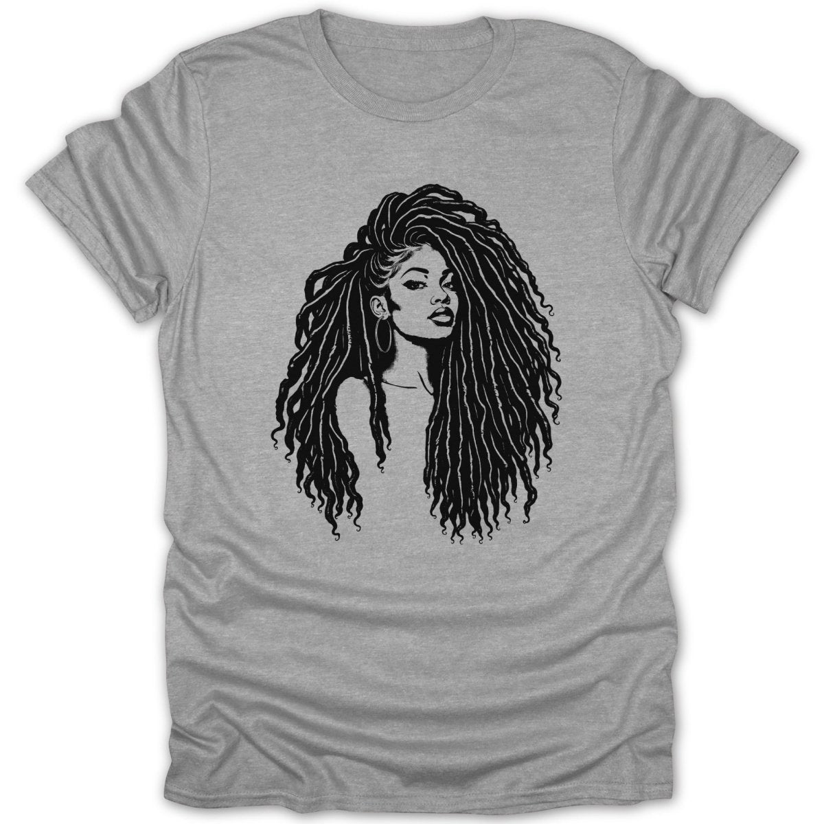 Black and white graphic of a woman with long dreadlocks on a grey t-shirt.