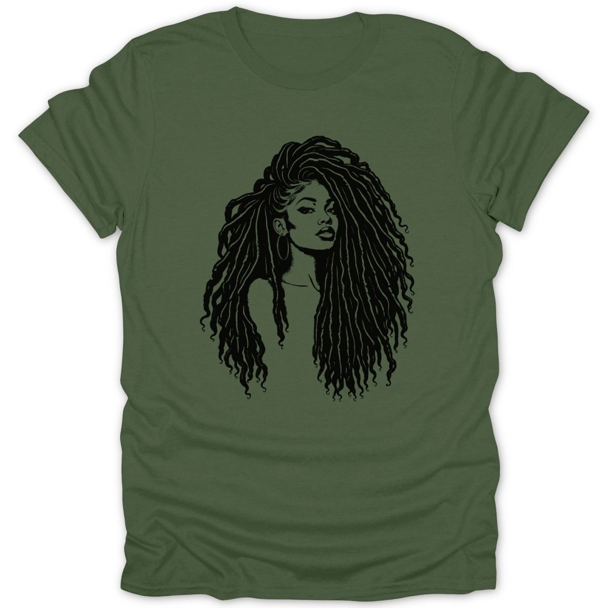 Black line art of a woman with long dreadlocks on a green t-shirt.