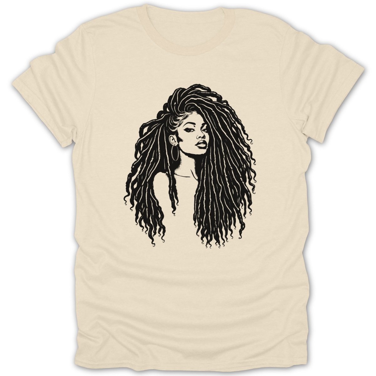 Line drawing of a woman with dreadlocks on a cream t-shirt.