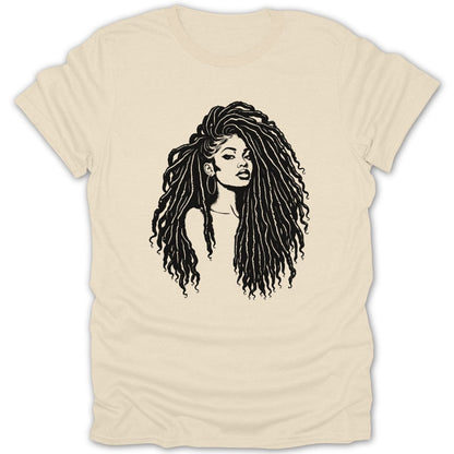 Line drawing of a woman with dreadlocks on a cream t-shirt.