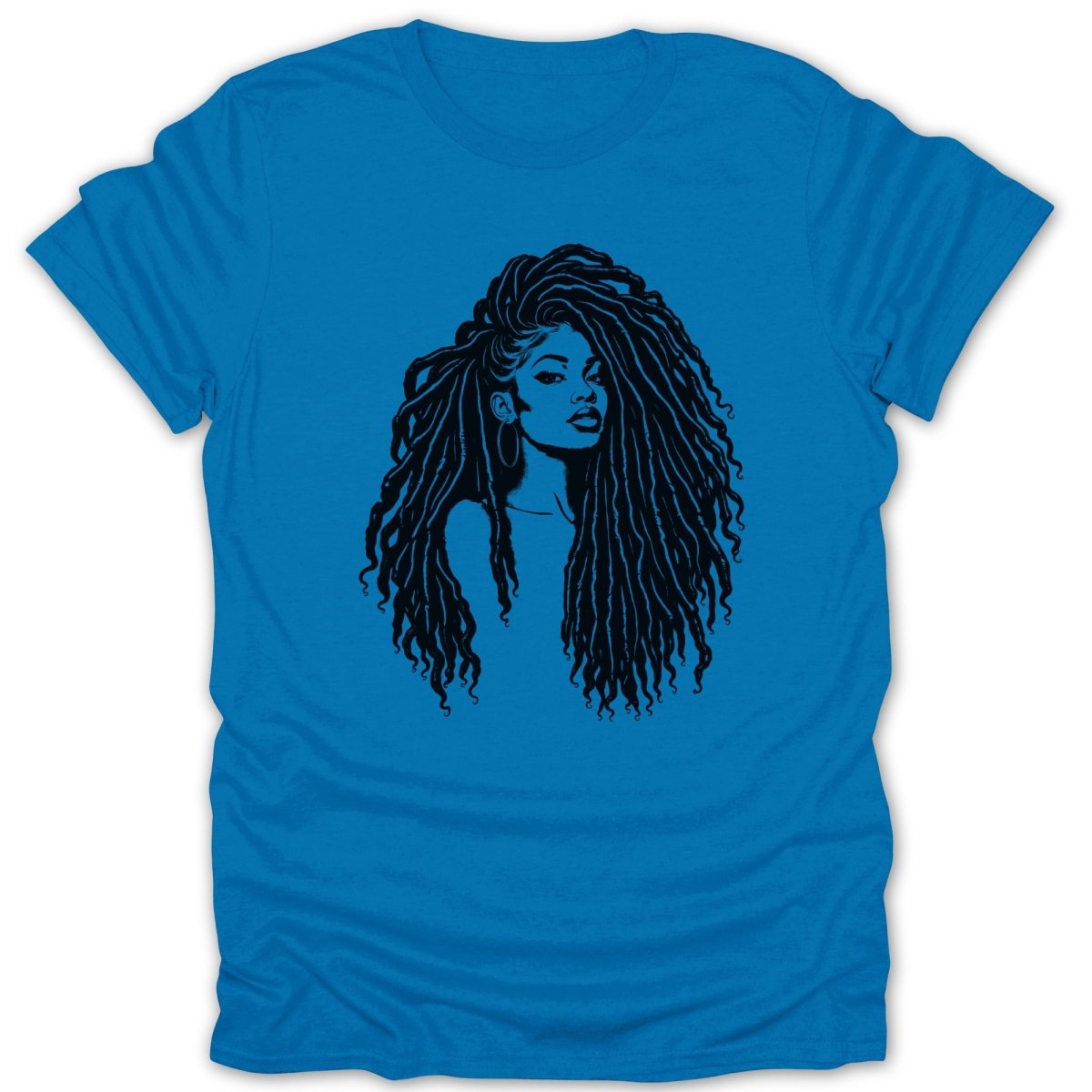 Black line art of a woman with long dreadlocks on a blue t-shirt.