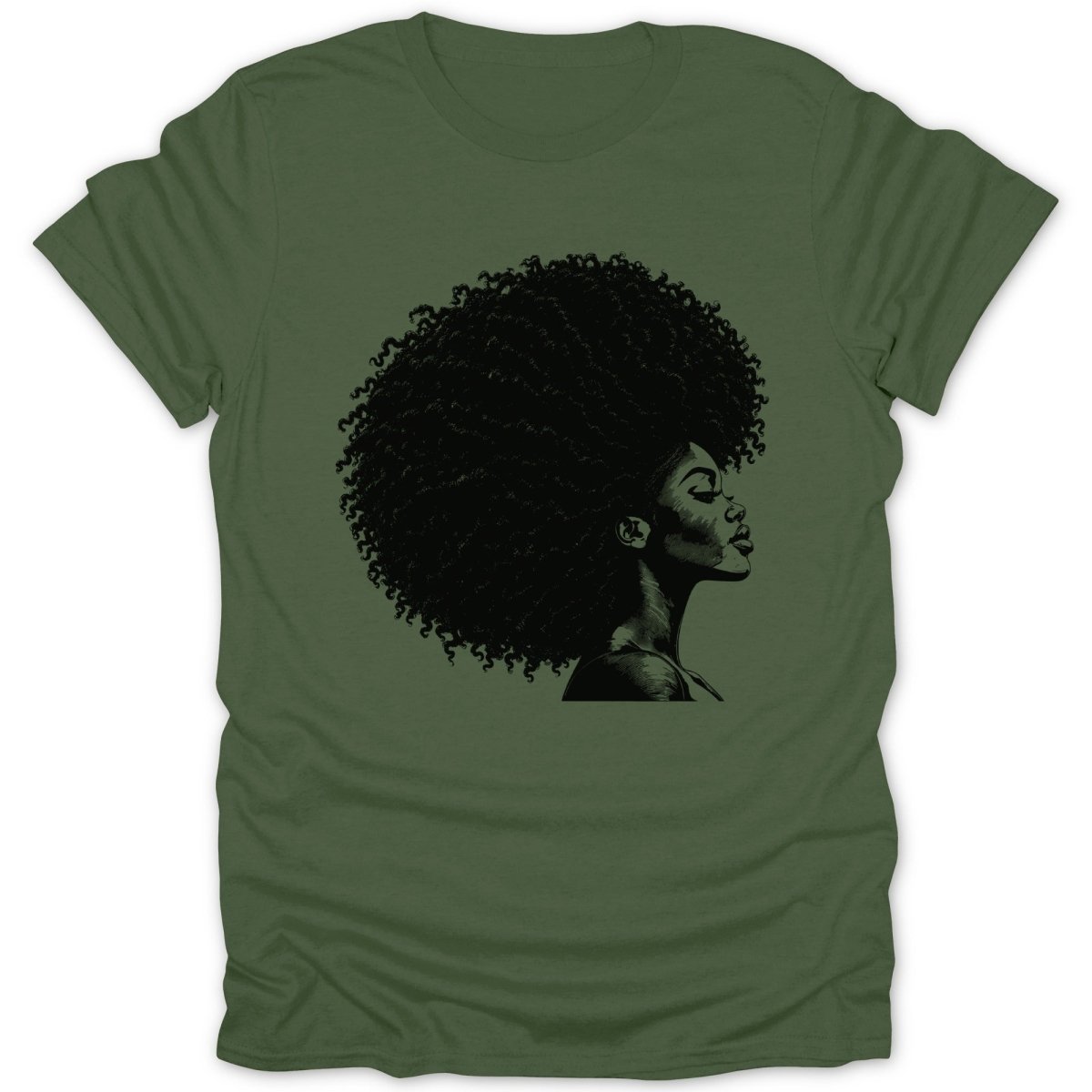 Green t-shirt with black graphic of a woman with large afro hair.