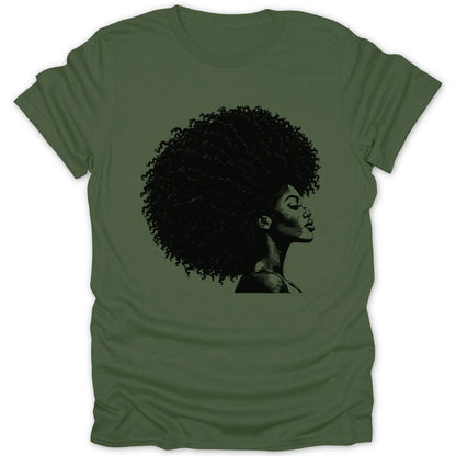 Green t-shirt with black graphic of a woman with large afro hair.