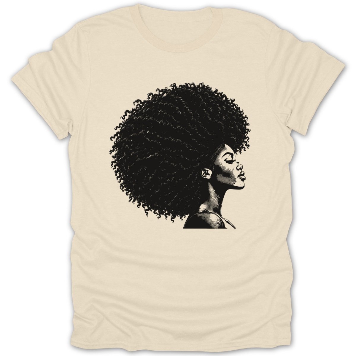 Black and white line art of a woman with voluminous afro on a cream t-shirt.