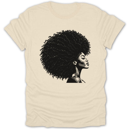 Black and white line art of a woman with voluminous afro on a cream t-shirt.