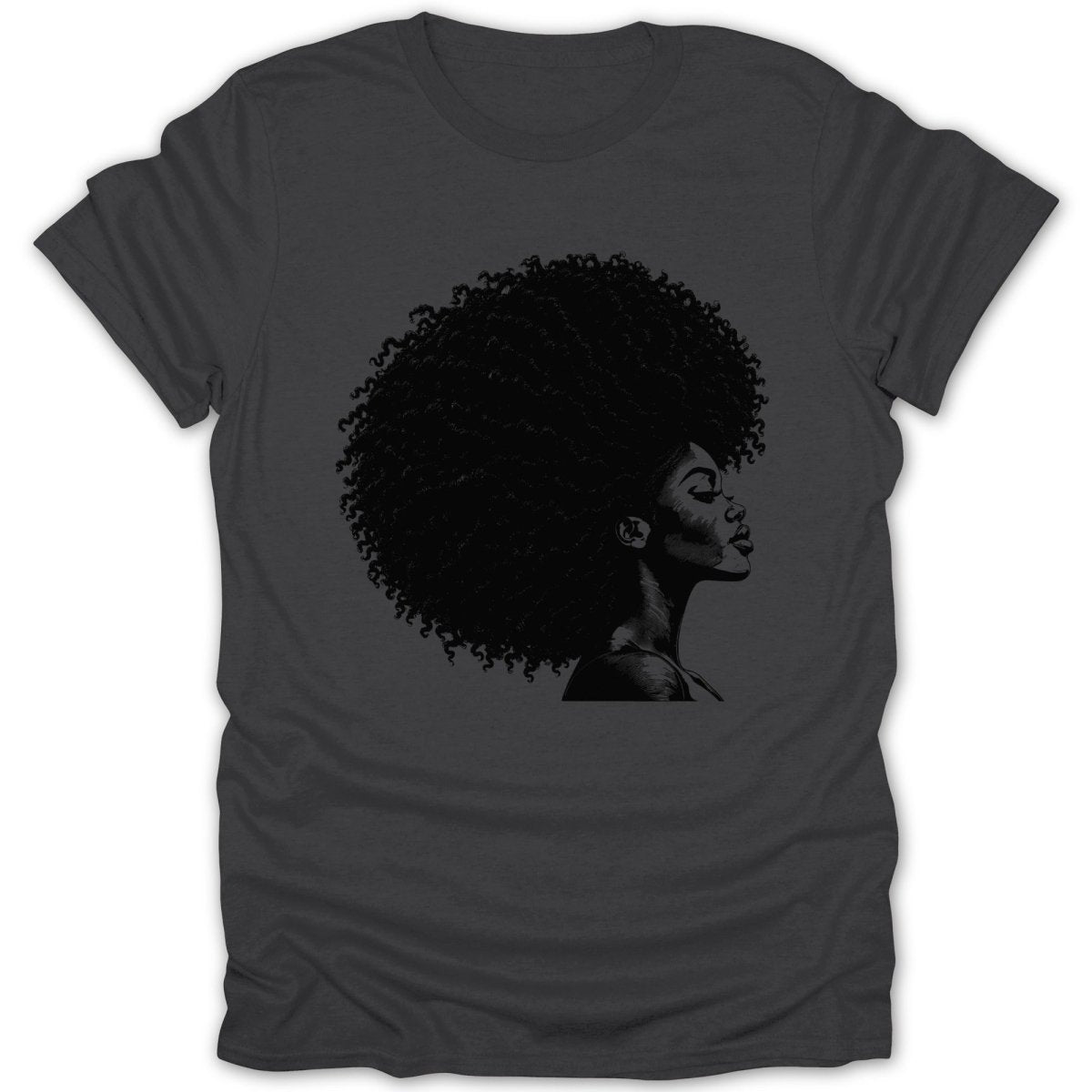 Black t-shirt with sketch of woman's profile and large afro.