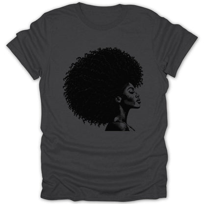 Black t-shirt with sketch of woman's profile and large afro.