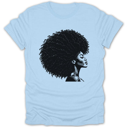 Black and white illustration of a woman with large afro on a light blue t-shirt.