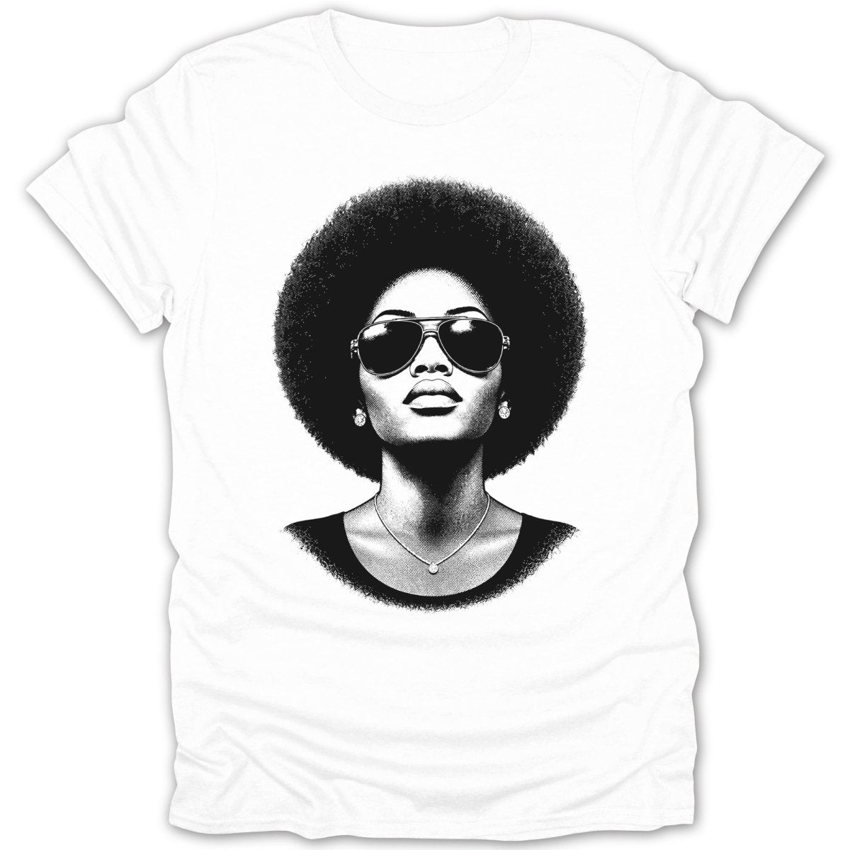 Black and white illustration of a woman with an afro and sunglasses on a white t-shirt.