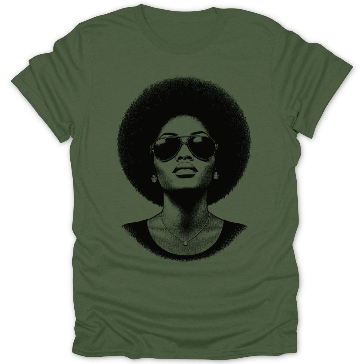 Black and white graphic of a woman with an afro and sunglasses on a green t-shirt.