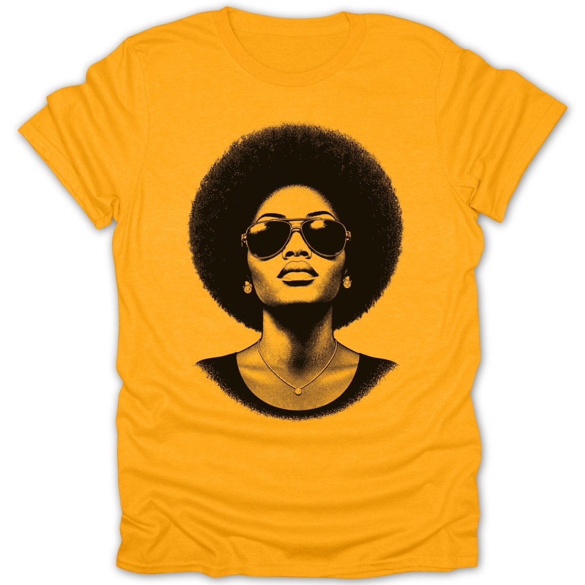 Yellow t-shirt with a black graphic of a woman with an afro and sunglasses.