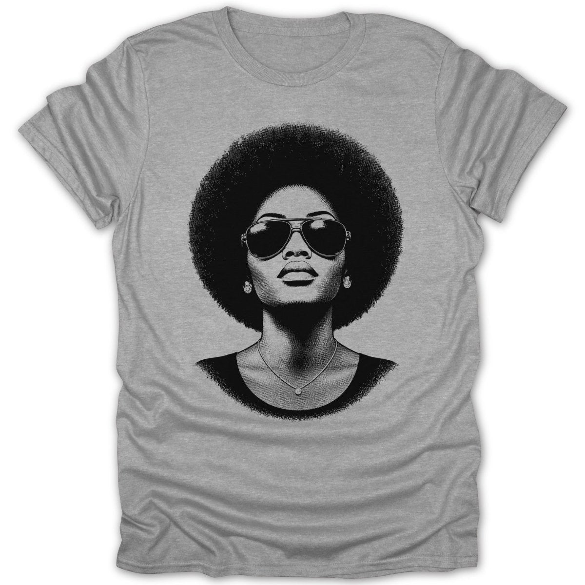 Bust of a woman with large afro, sunglasses, and necklace on gray t-shirt.