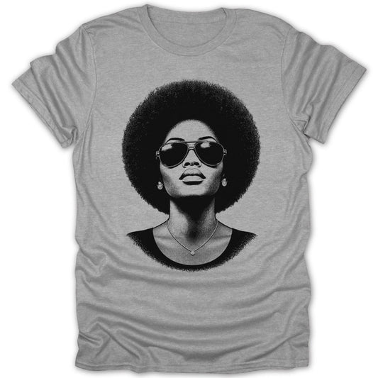 Bust of a woman with large afro, sunglasses, and necklace on gray t-shirt.
