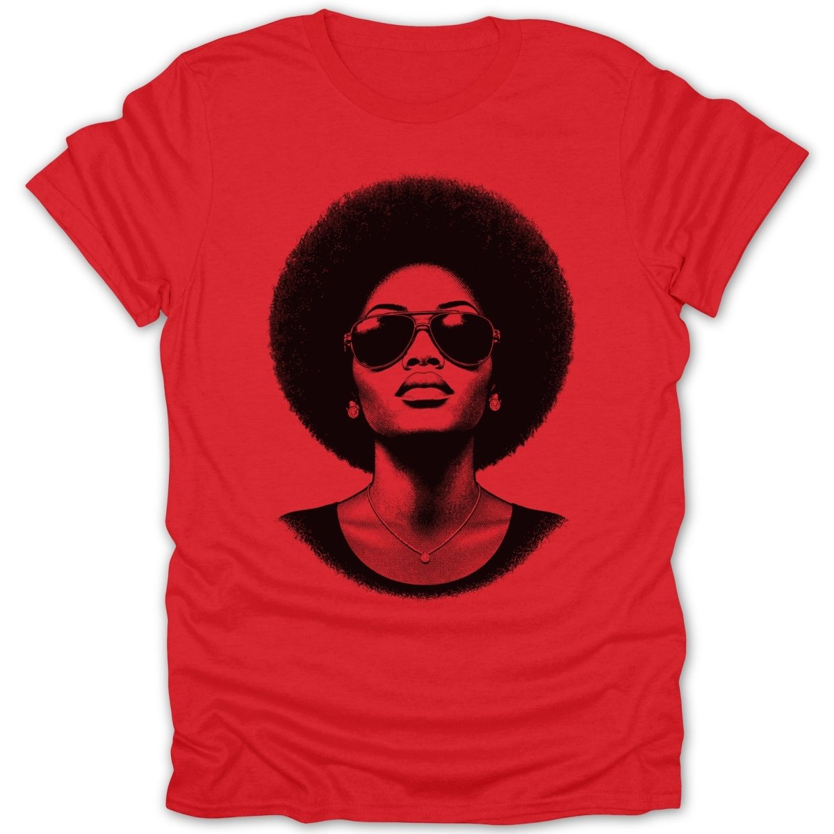 Red t-shirt with black graphic of a woman with an afro and sunglasses.