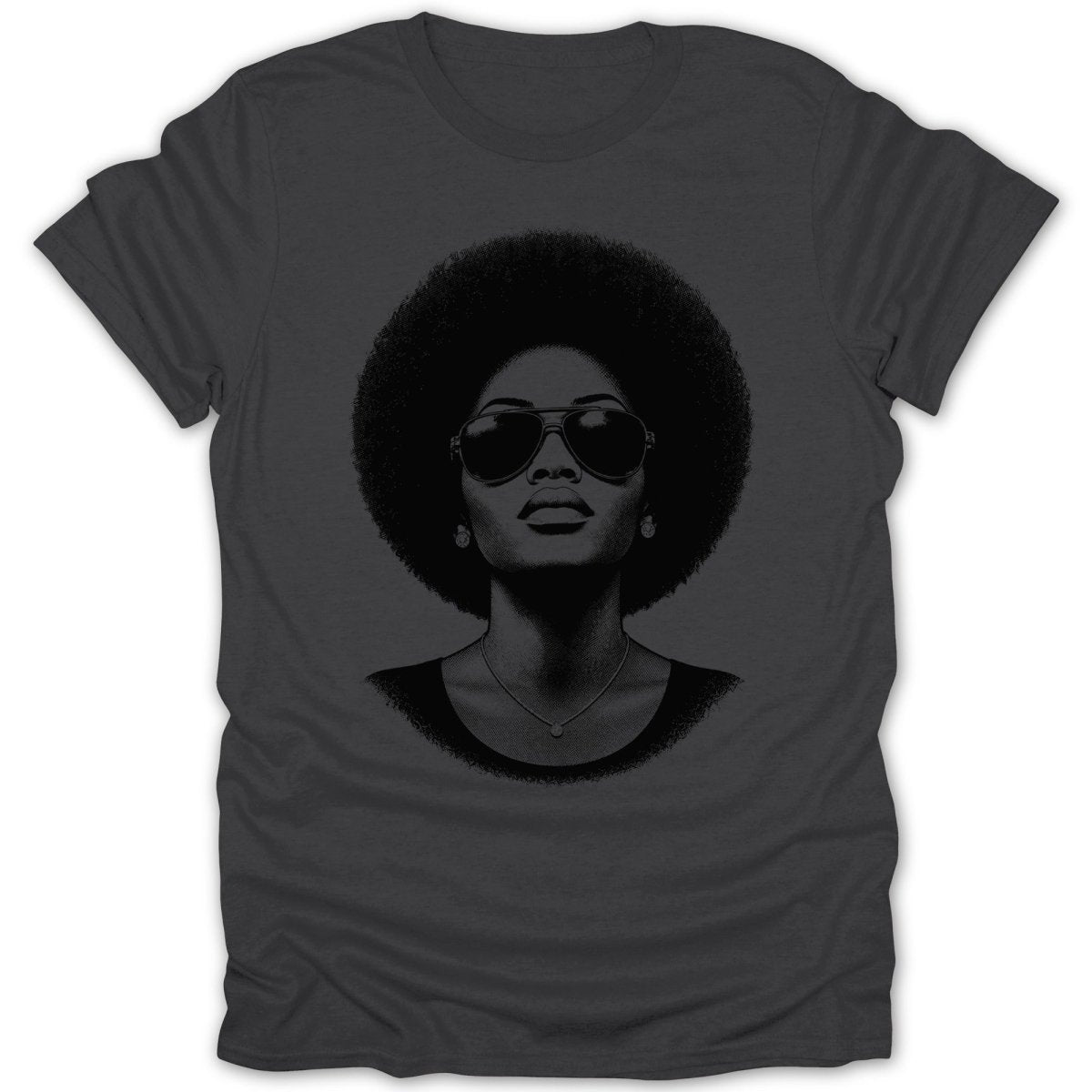 T-shirt graphic featuring a black and white portrait of a woman with an afro and sunglasses.