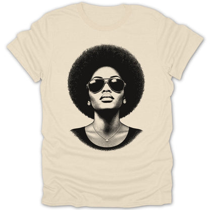 T-shirt with black and white graphic of woman with afro and sunglasses.