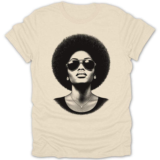 T-shirt with black and white graphic of woman with afro and sunglasses.