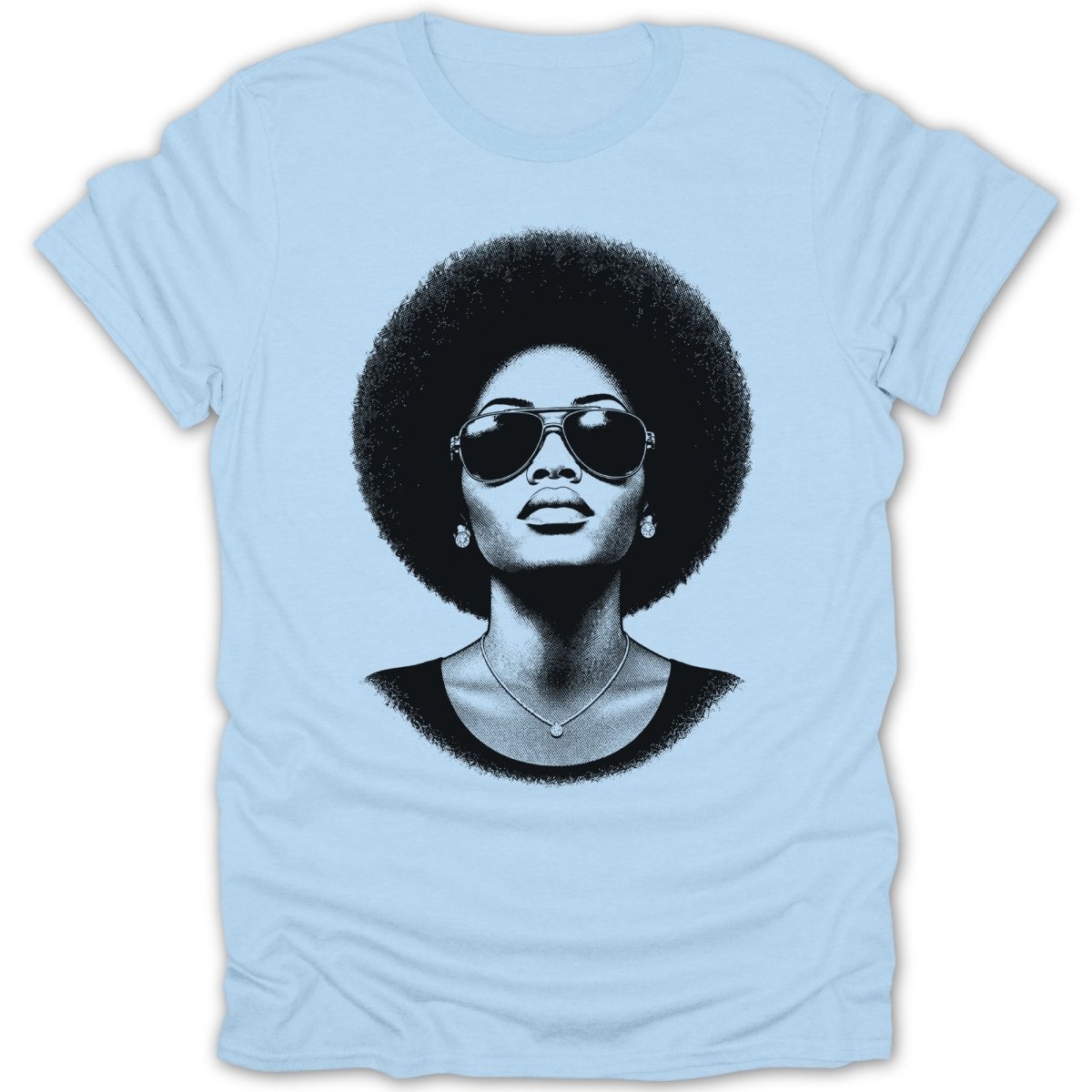 Illustration of a woman with an afro, sunglasses, and a necklace on a light blue t-shirt.