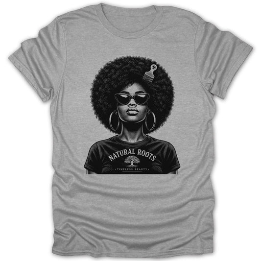Black and white illustration of a woman with an afro on a grey t-shirt with text.