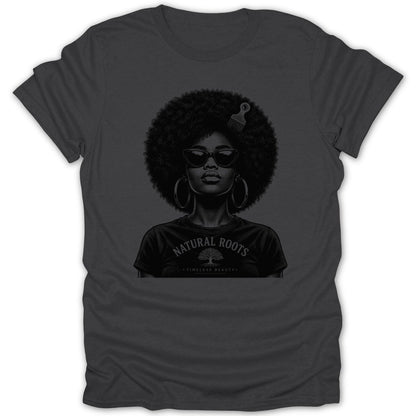 Woman with afro, sunglasses, and the text "Natural Roots Timeless Beauty".