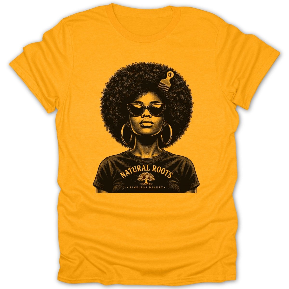 Black and gold graphic of a Black woman with an afro on a yellow t-shirt.