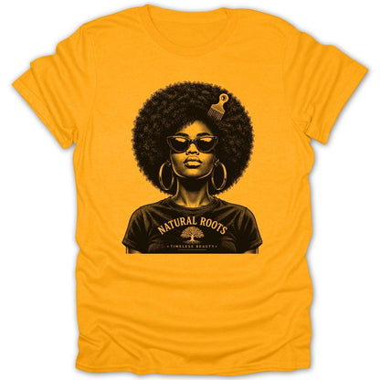 Black and gold graphic of a Black woman with an afro on a yellow t-shirt.